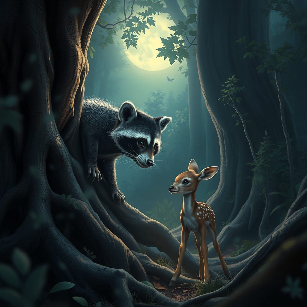 Moonlit Forest Encounter in Vibrant, Detailed Style