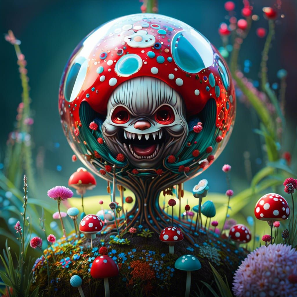 Mushroom Wonderland in Glass Orb: Detailed Fantasy Art