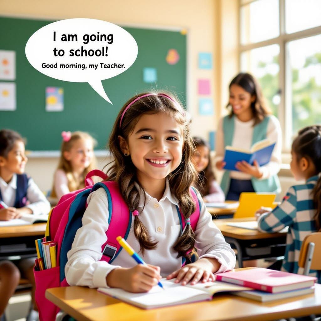 Layla's Joyful First Day of School in Vibrant Digital Art