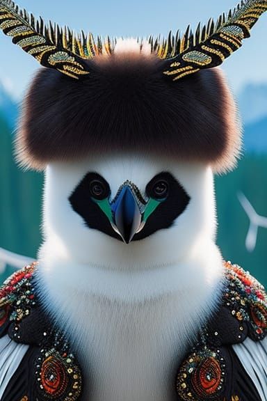 Exotic Woman with Penguin, Hyperrealistic Digital Art