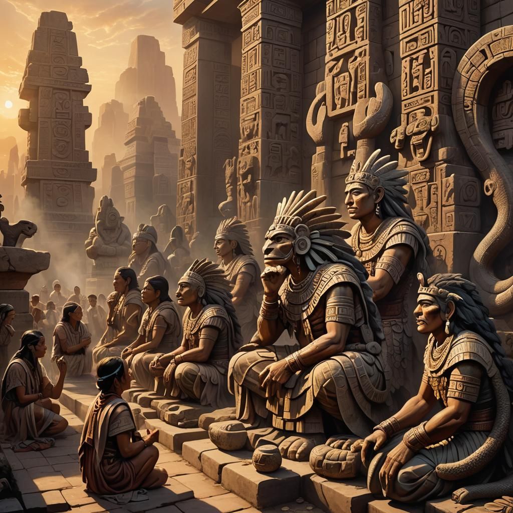 Futuristic Aztec City Prayer Scene