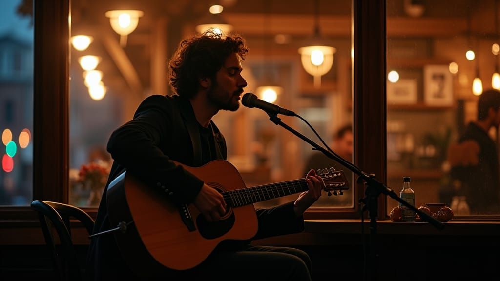 Atmospheric Night: Musician in Coffee Shop