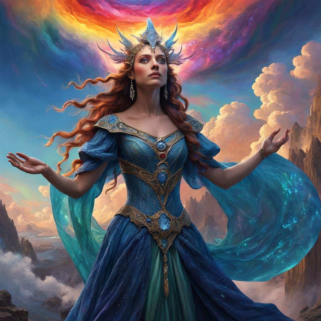 Sorceress Amidst Rainbow Clouds, Digital Matte Painting