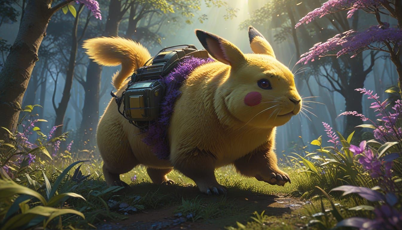 Pikachu Rides a Glowing Capybara Through a Misty Forest in V...