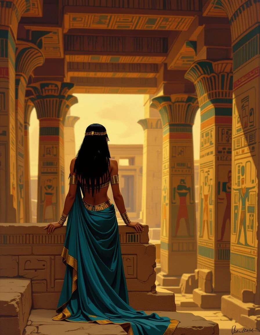 Ancient Egyptian Priestess in Temple, Detailed Fantasy Paint...