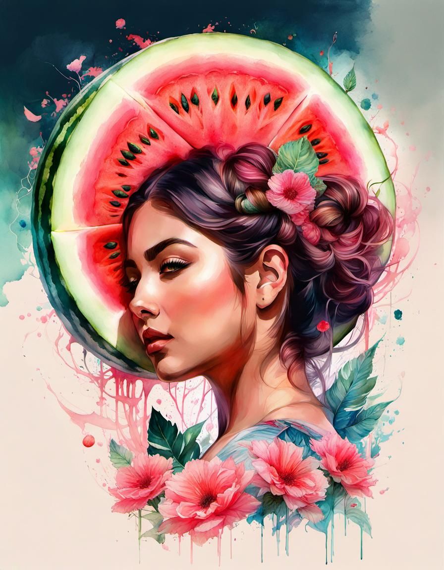 Palestinian Woman Watermelon Double Exposure Watercolor Art