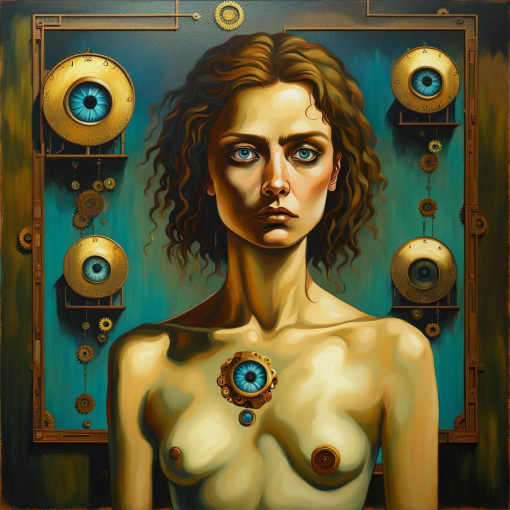 Steampunk Woman in Field of Clockwork Flora