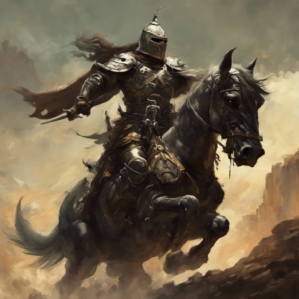 Armored Horseman on Mythological Creature in Fantasy Art