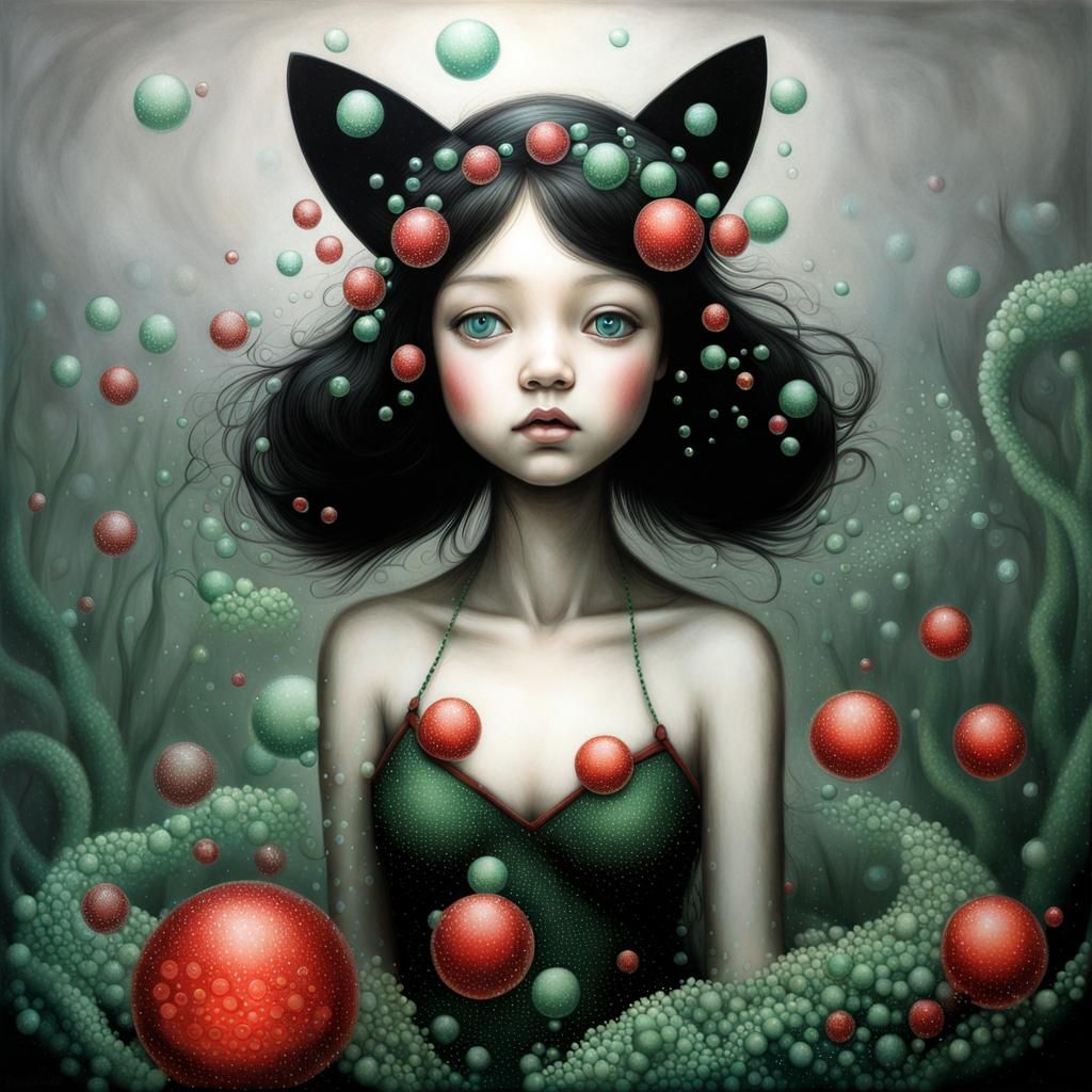 Bioluminescent Bubbles Drawing in Pointillist Style