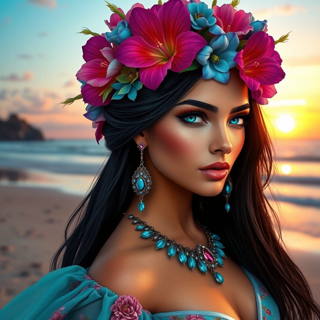 Beautiful woman with long, black hair. She wears a floral crown adorned with large, vibrant flowers in shades of pink, b...