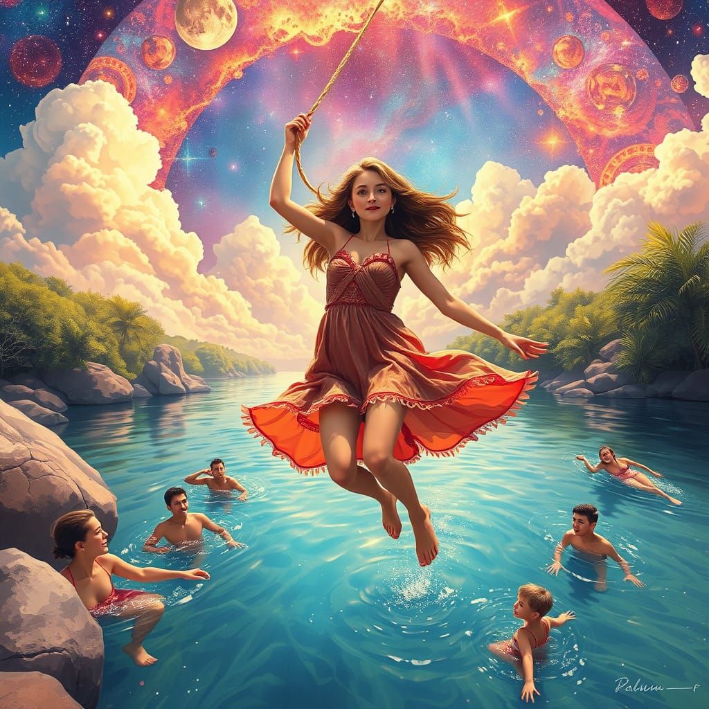 Woman on Rope Swing Above Summer River