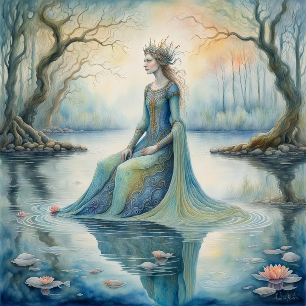 Lady of the Lake: Symbolist Watercolour Fantasy