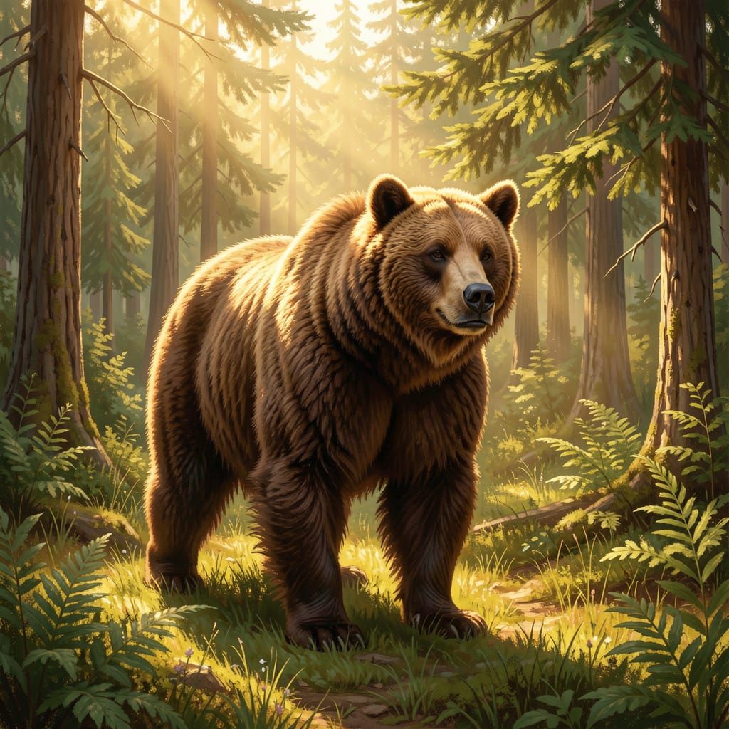 Majestic Grizzly Bear in Sunlit Forest Clearing