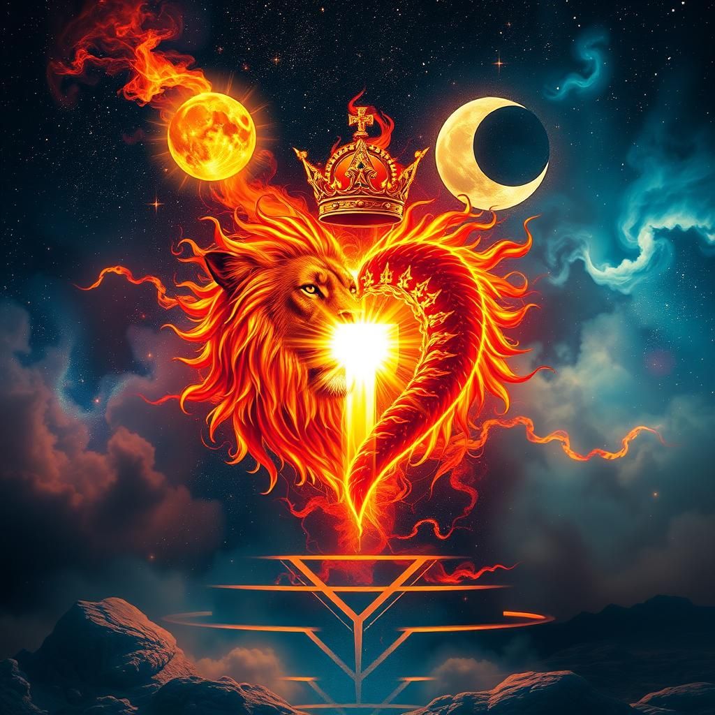 a sun and moon eclipse, a flaming lion, a glowing cross,, a ...