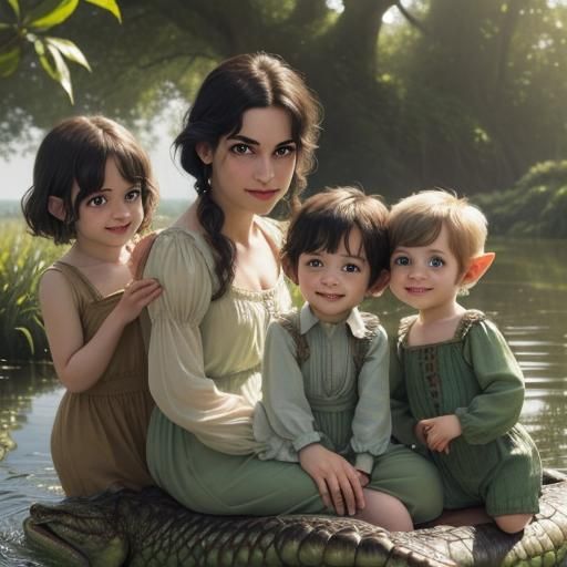 Goblin Children Play on Crocodile in Swamp