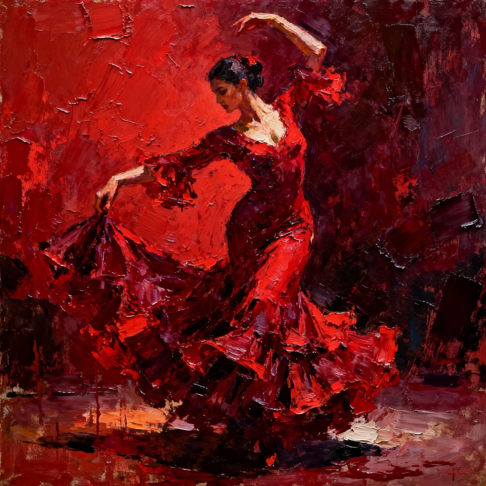 Crimson Red Expressionist Flamenco Dancer Painting