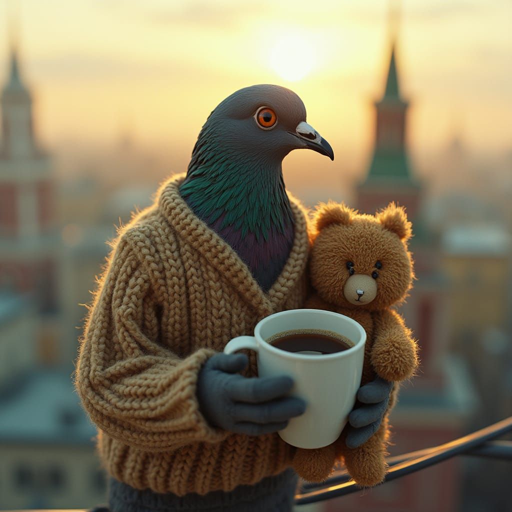 Pigeon with Coffee Cup in Wes Anderson Style