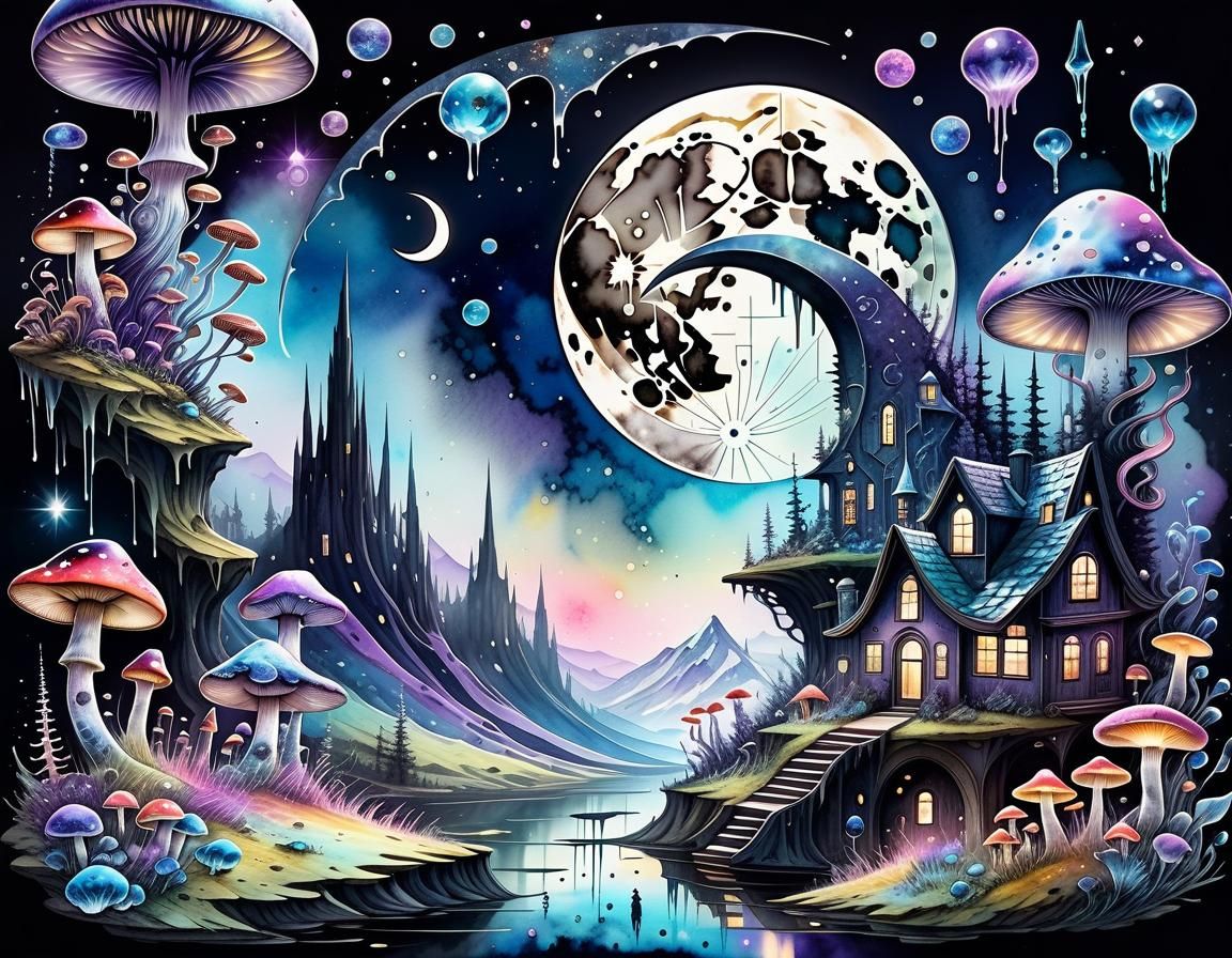 Pastel Goth Crescent Moon with Crystals in Watercolor