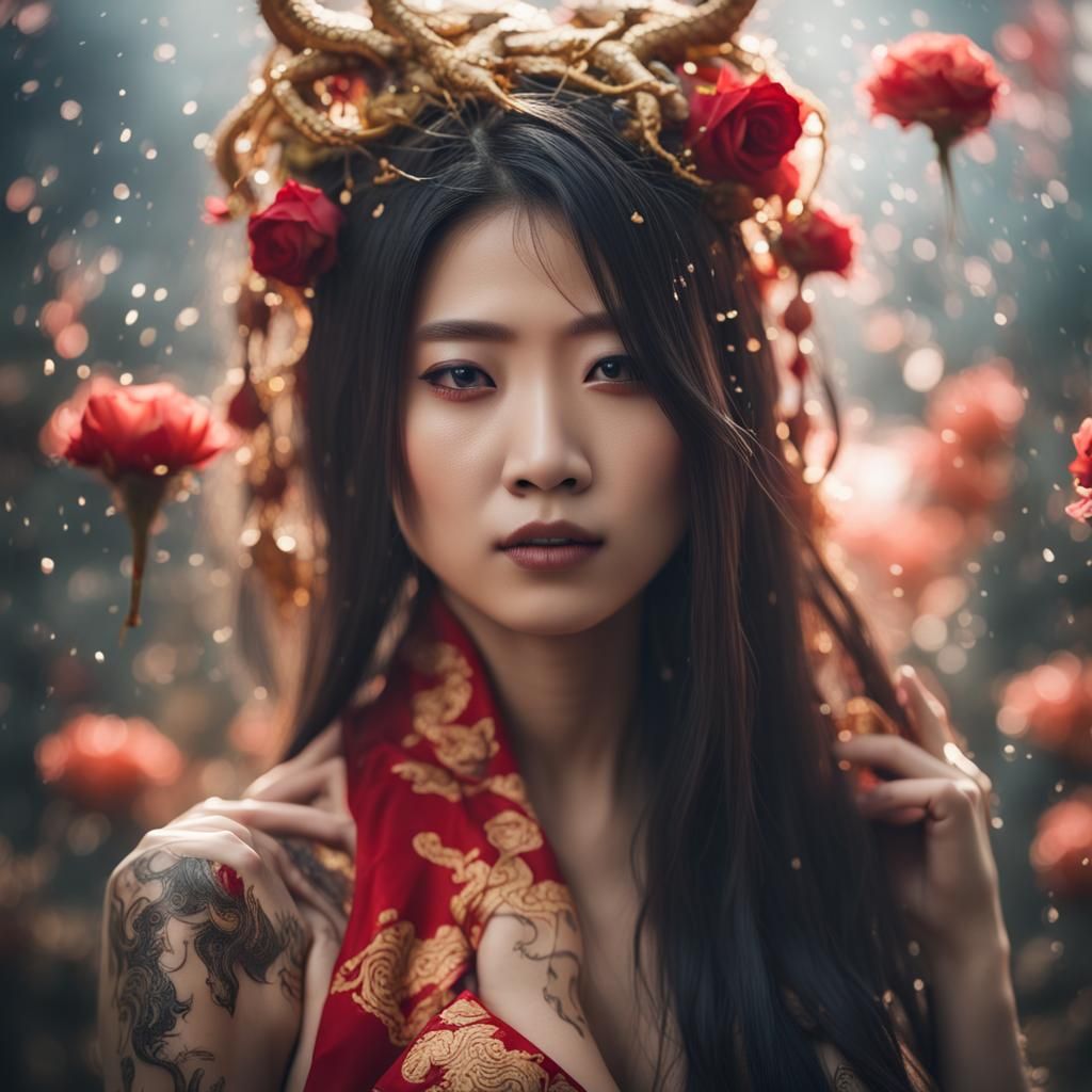 Chinese Woman Blood Art with Dragon Tattoo