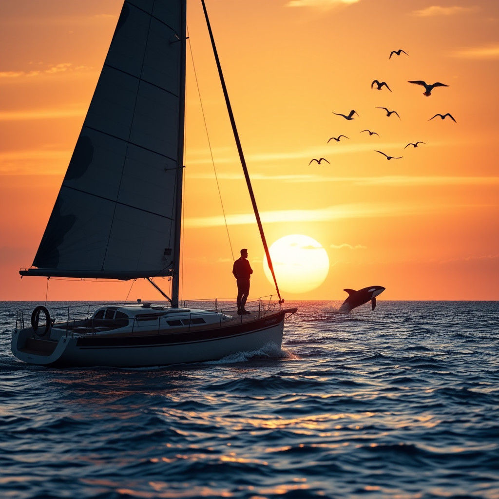 Sailboat on the Ocean at Sunset in Golden Light