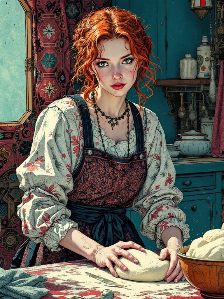 Redhead Baker in 1500s Kitchen, Fine Line Detail