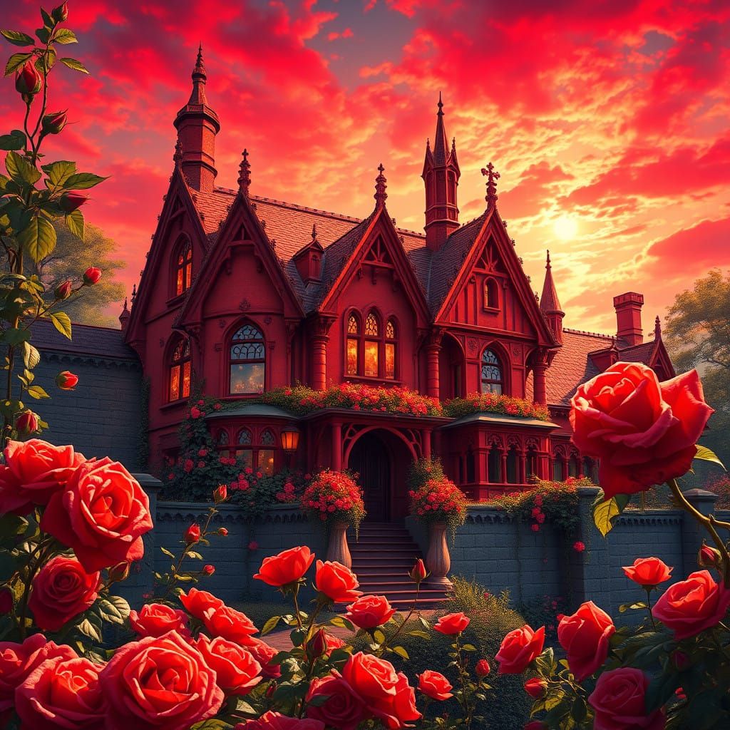 Gothic Revival House in a Vibrant Red Garden