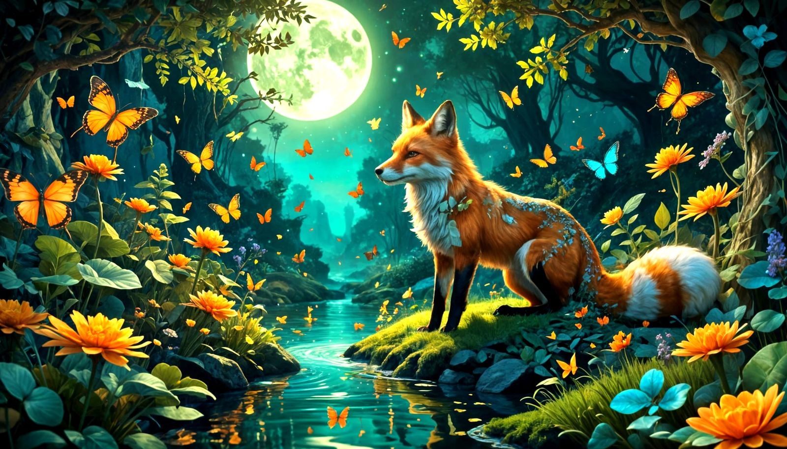 Enchanting Moonlit Fox Amidst Lush Nature