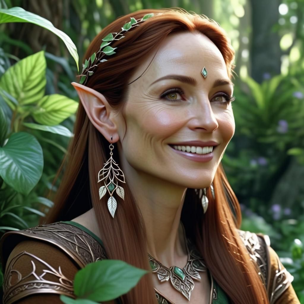 Elven Woman in Lush Arboretum, Realistic 8k