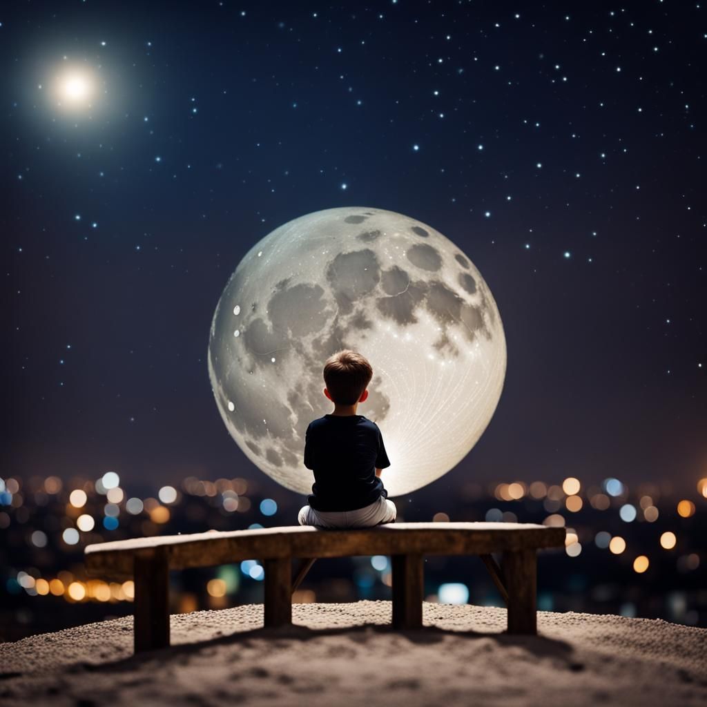 Boy on Moon in Magical Starry Night