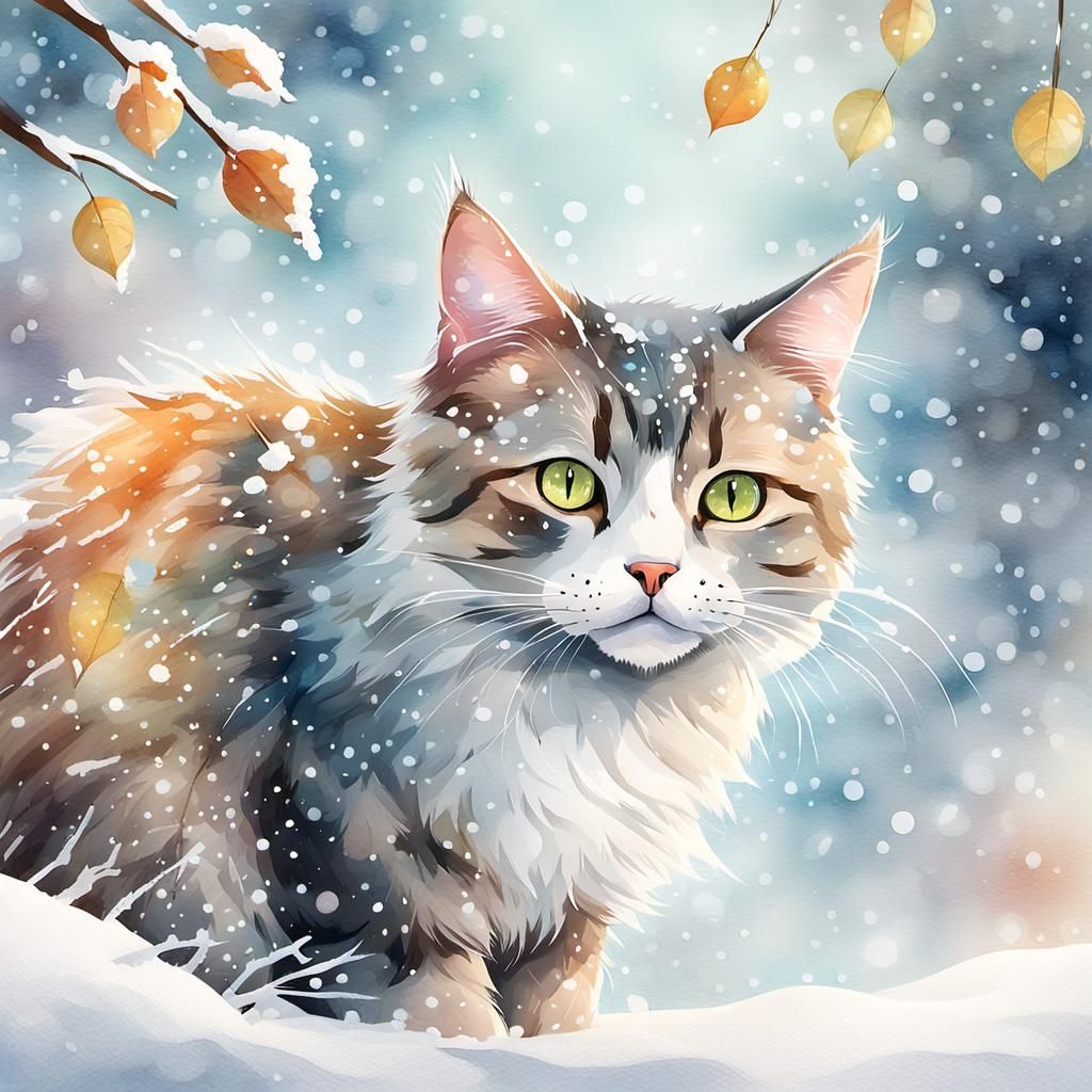 Surprised Cat Under Snowy Tree: Watercolor Illustration