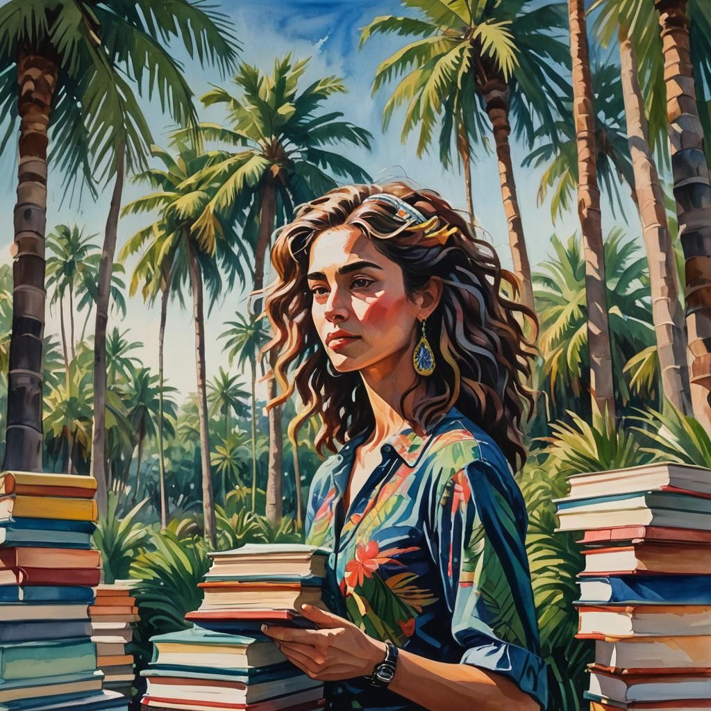 Vibrant Impressionist Painting of Woman with Books