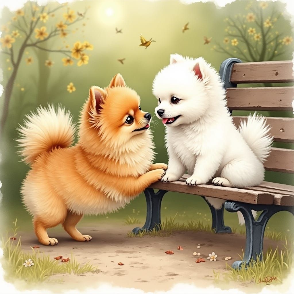 Pomeranians and Bichon Frise Play in Sunny Park