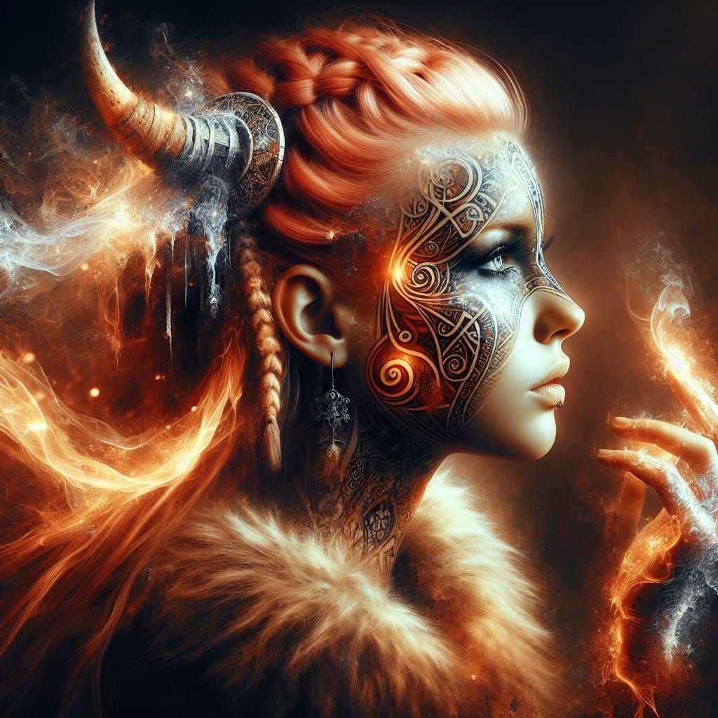 Viking Woman with Face Tattoo in Detailed Digital Painting