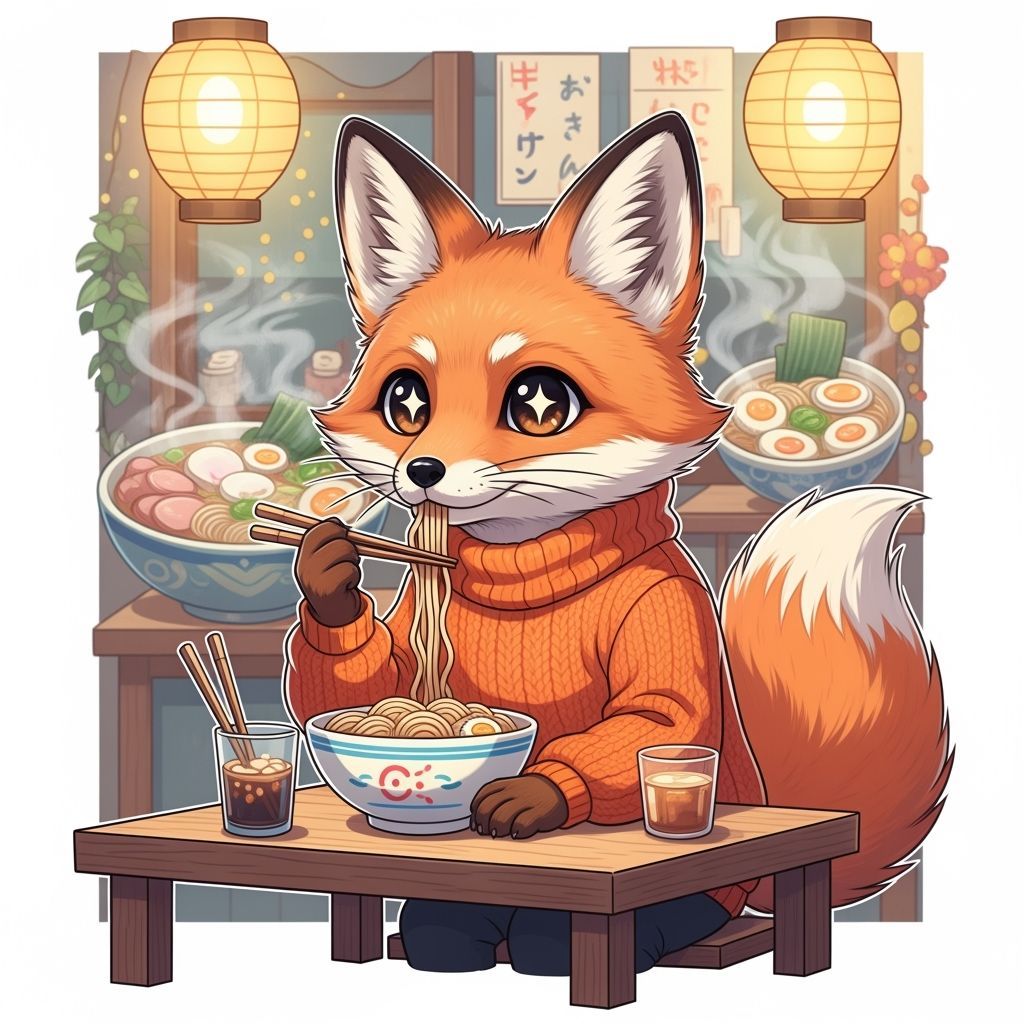 Anime Fox Eating Noodles in Studio Ghibli Style