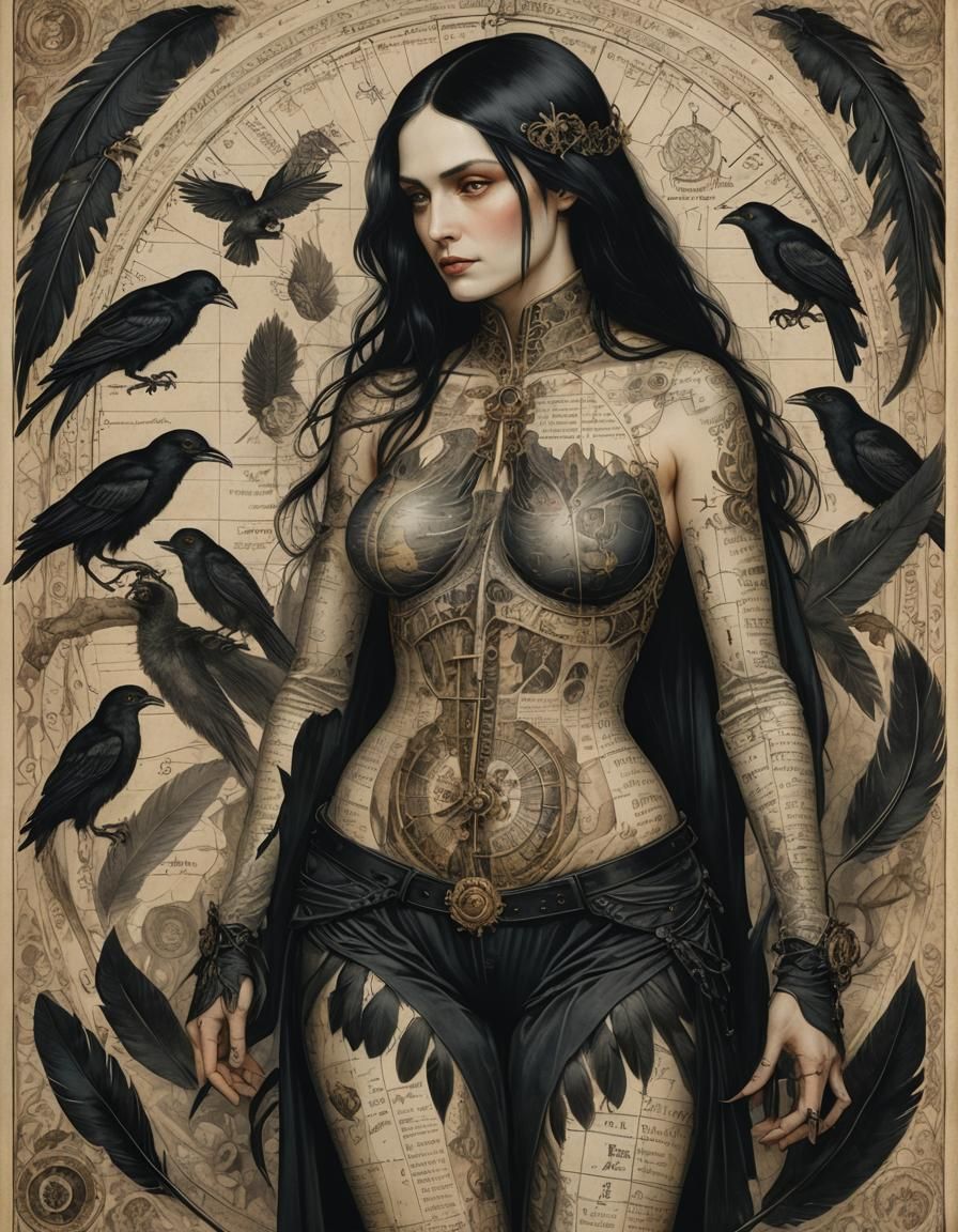 Gothic Woman with Feathers in Illuminated Manuscript Style