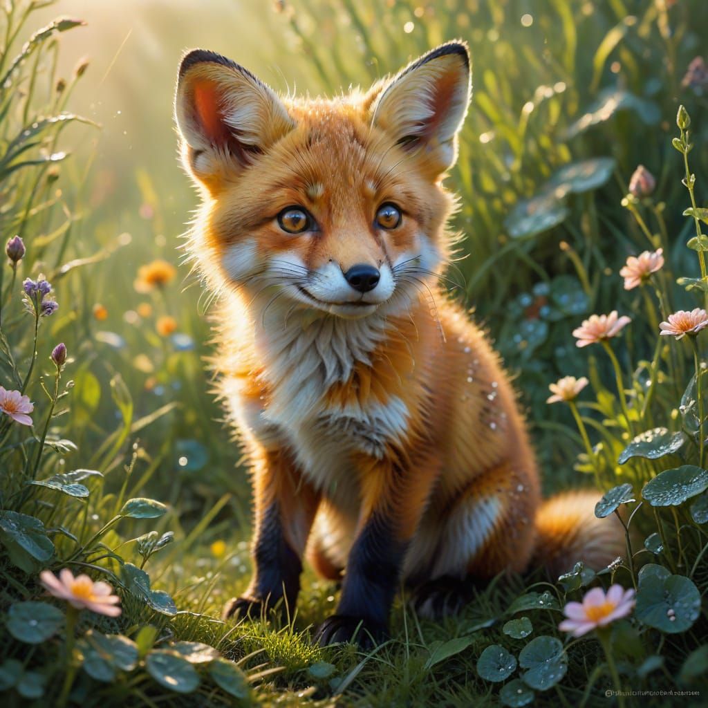 Vibrant Oil Painting of a Joyful Fox Cub in Golden Hour