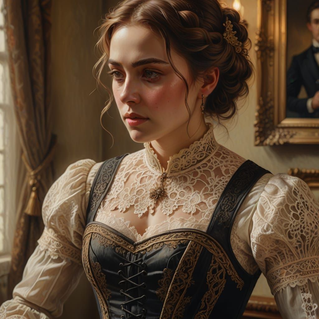Victorian Woman Portrait with Lace in Oil Painting Style