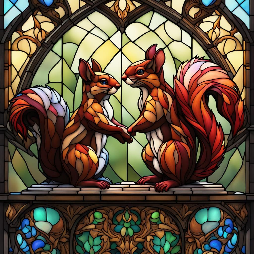 Stained Glass Squirrels Hug: Detailed Fantasy Art