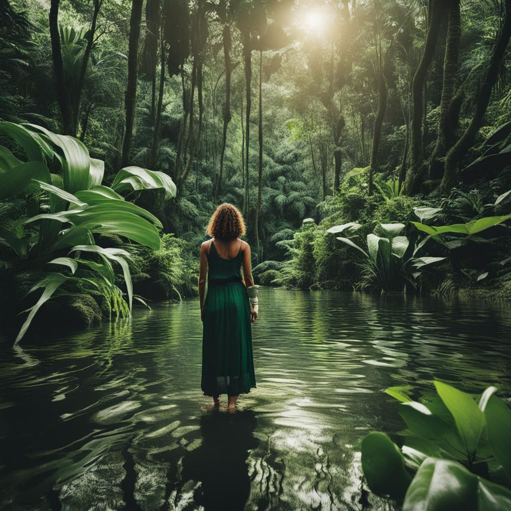 Woman in Jungle with Water