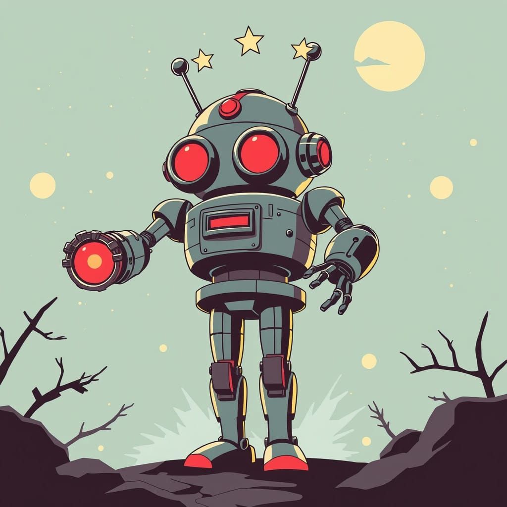 Soviet Atompunk Robot in Vintage Sci-Fi Pulp Cartoon Style