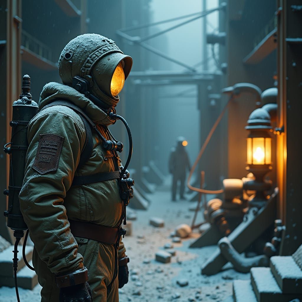 Frostpunk Man in Industrial Ruins