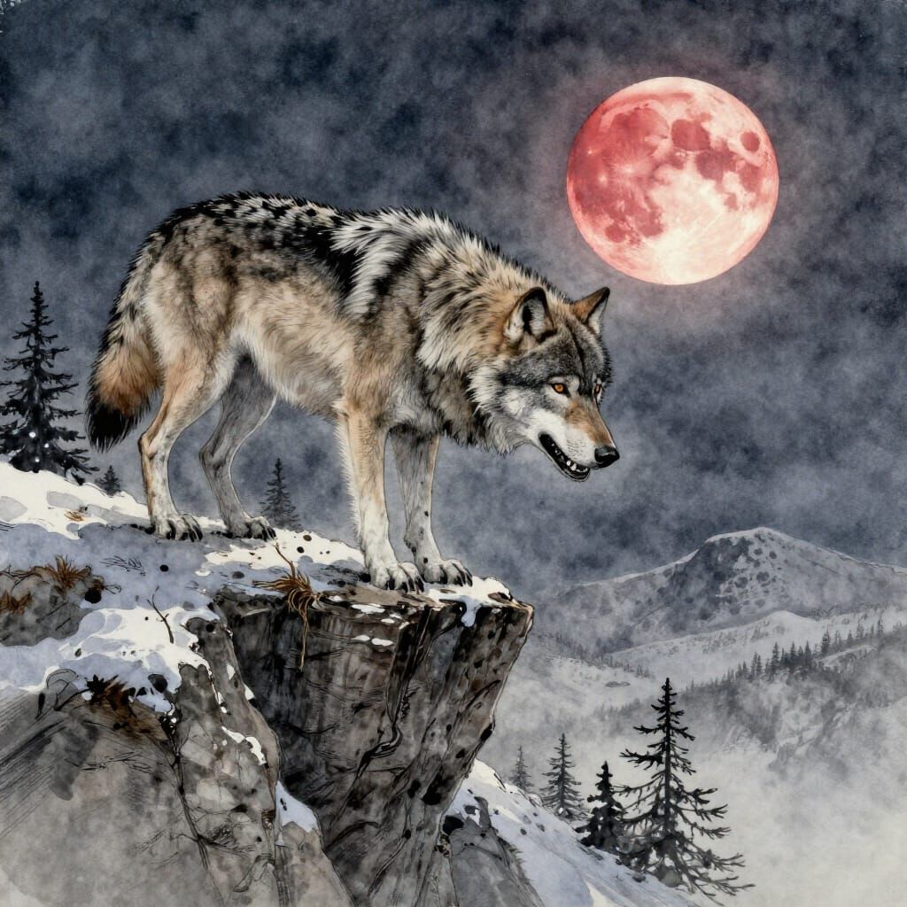 Hyper Detailed Wolf on Mountain Cliff Edge Under Blood Moon