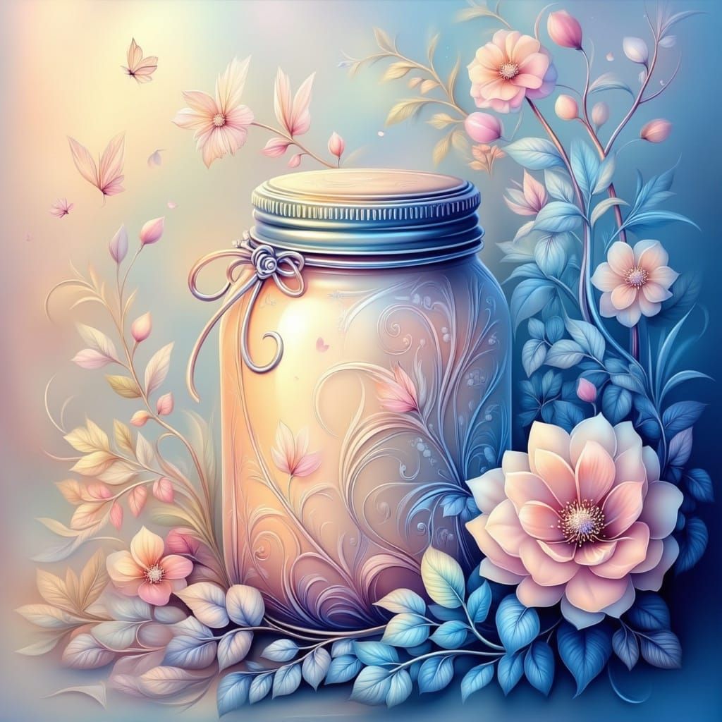 <lora:Summer Forest:1.0> wide Close up View, detailed photorealistic illustration of an Isolated Jarr with magical Firef...