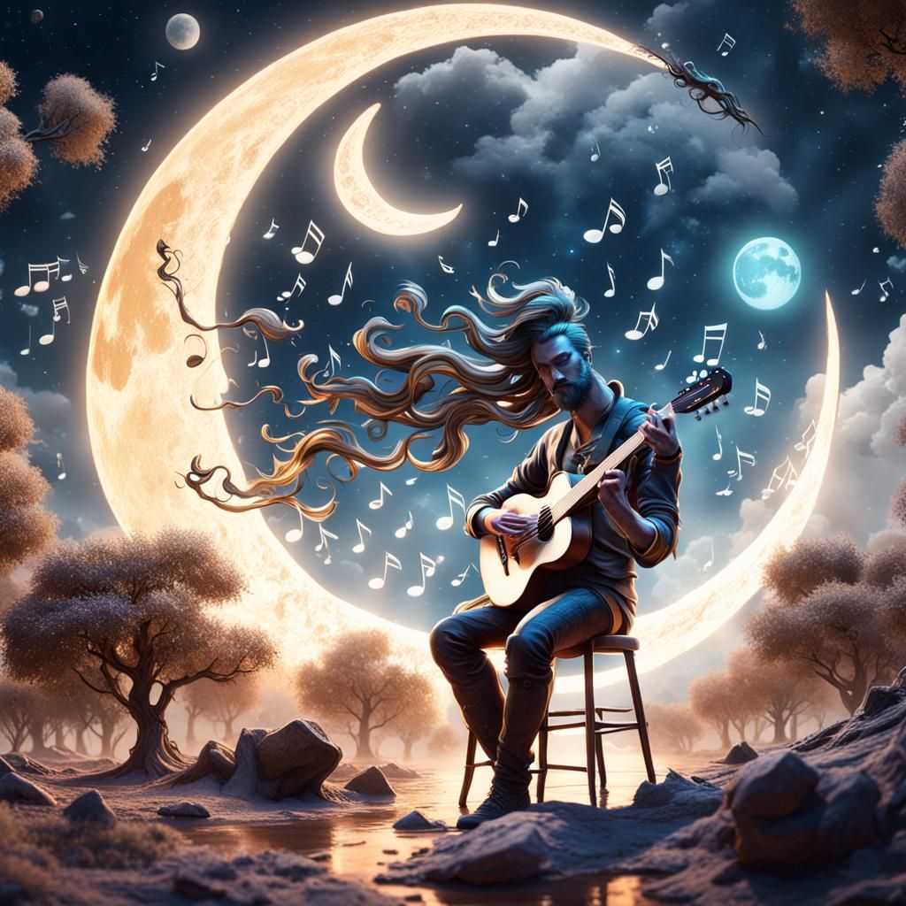 Dreamy Moon Guitarist in Detailed Matte Painting