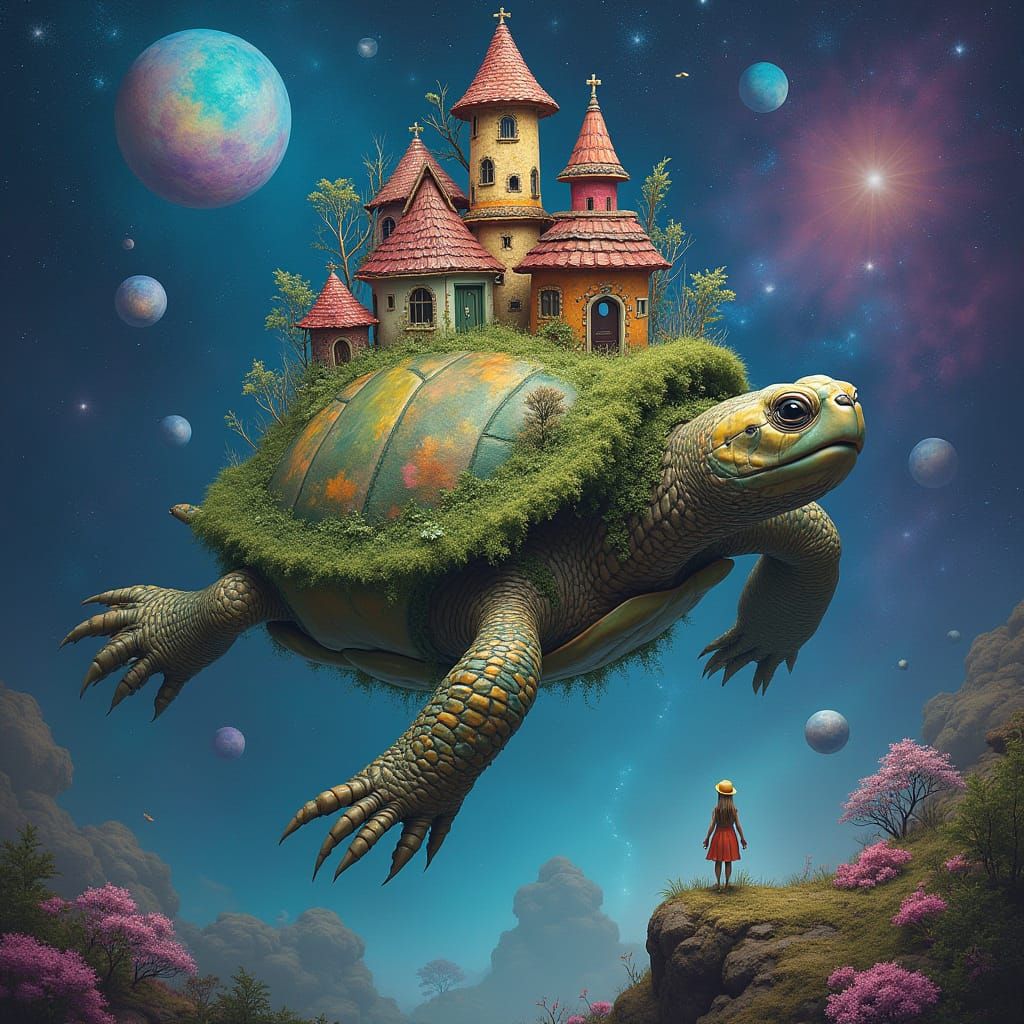 Surreal Turtle Navigator in Cosmic Cityscape