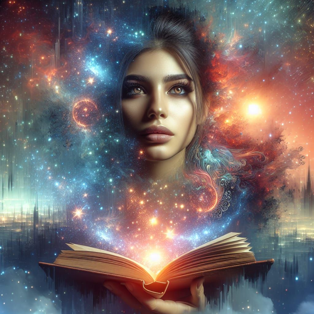 Double Exposure Woman with Glowing Book in Fantasy Art