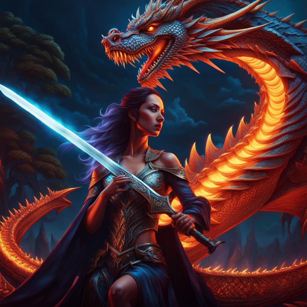 Woman Calming Astral Dragon in Gothic Art