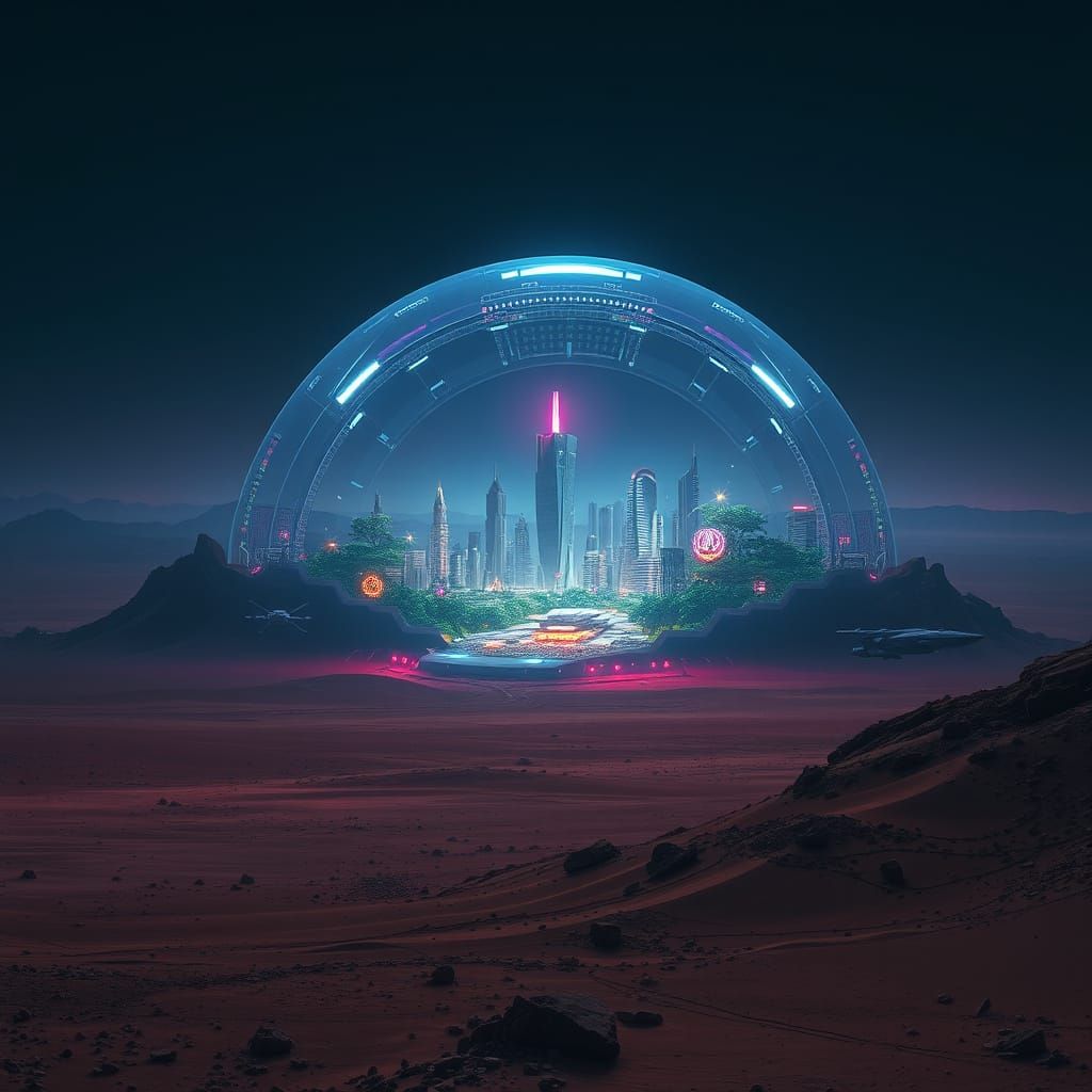 Mars Oasis Under Cyberpunk Dome
