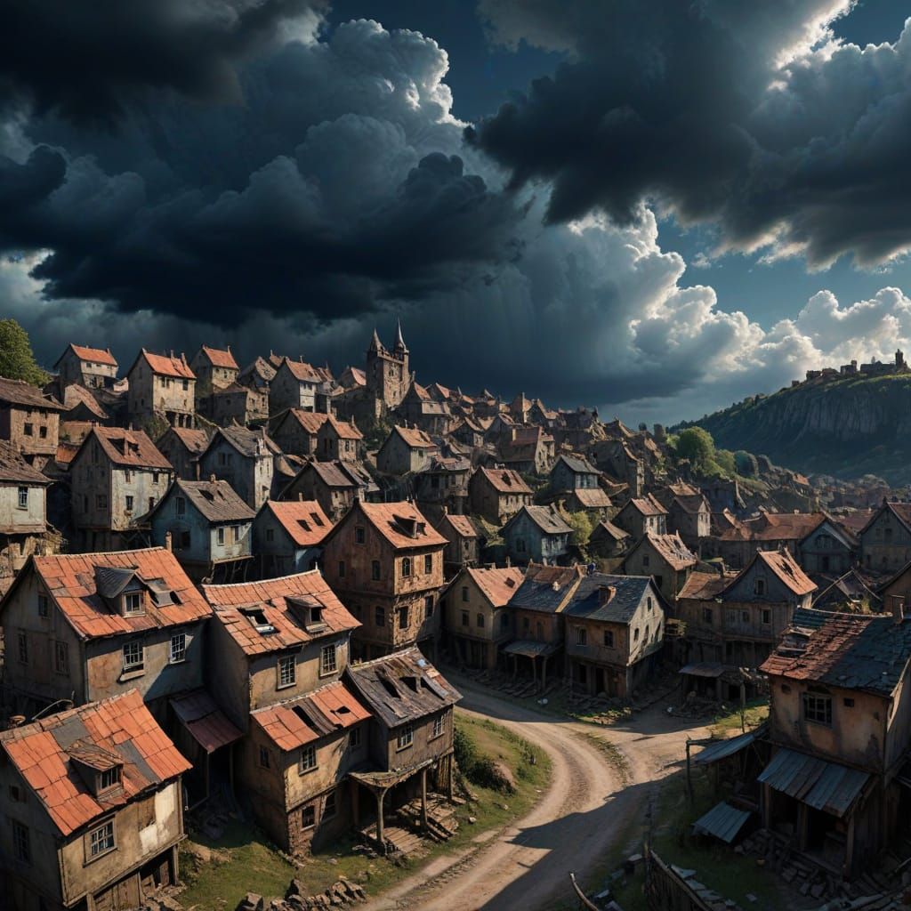 Abandoned Fantasy Village Under Dark Skies