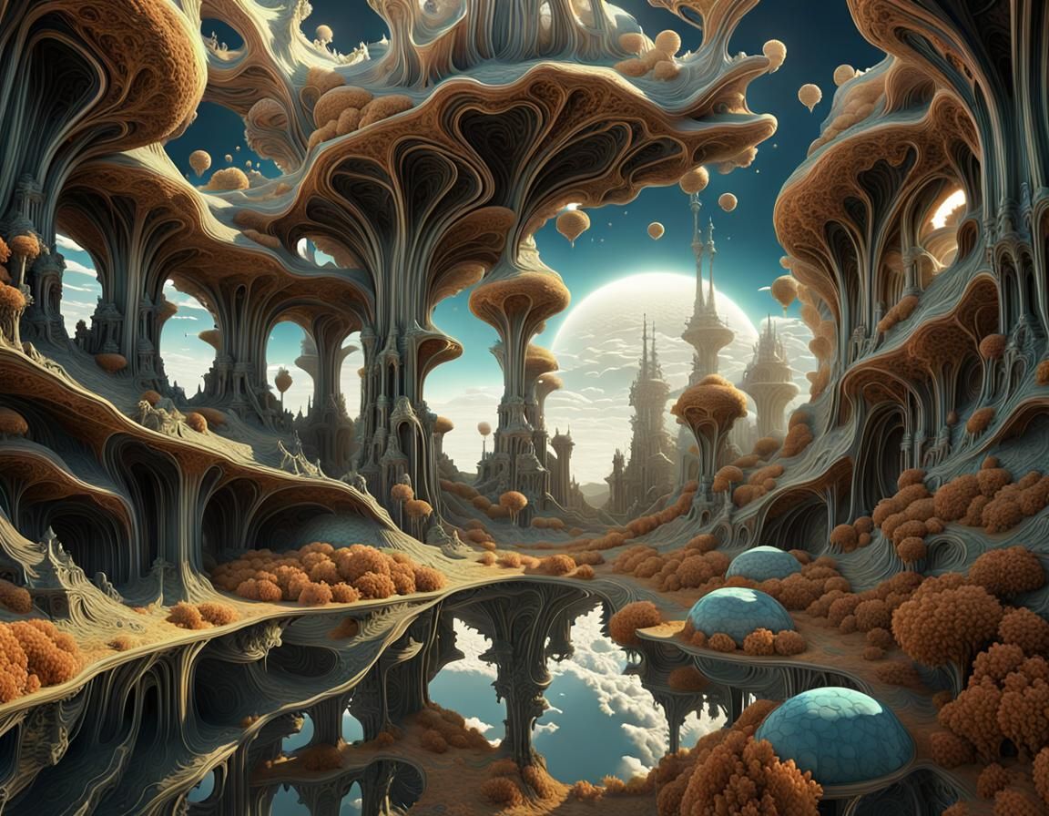 Surreal Fractal Landscape Reflected in Mirror: Digital Art